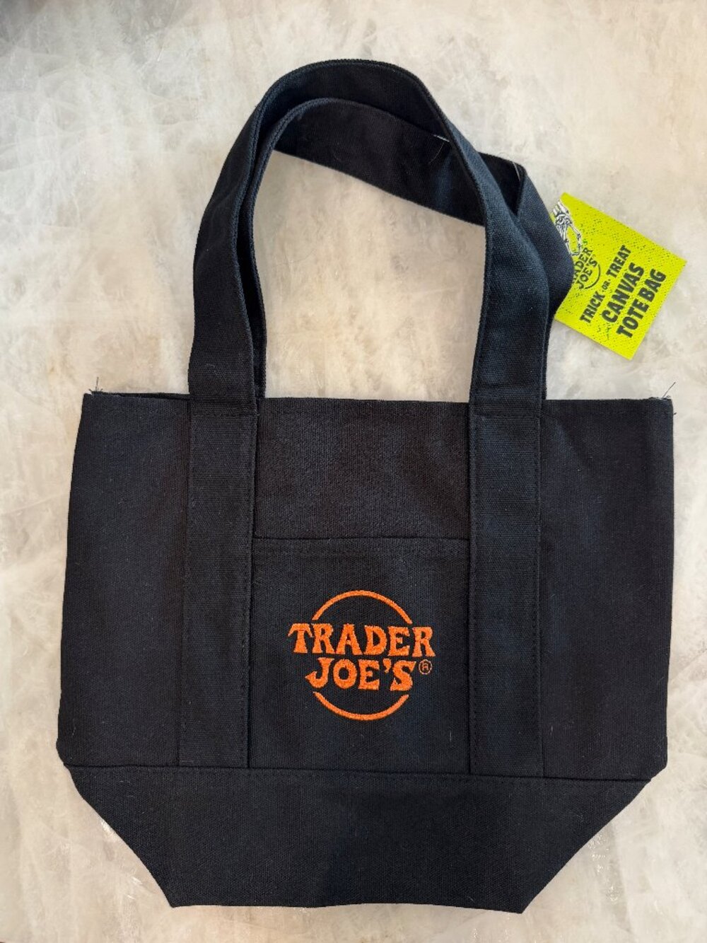 NWT Trader Joe's Trick or Treat Mini Canvas Tote Bag in Black and Orange